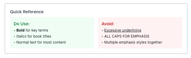 quick reference guide for how to use  and what to avoid for text emphasis 
