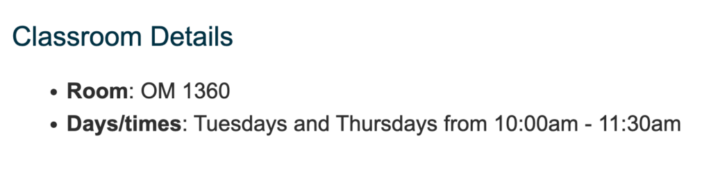A screenshot of the classroom details on a Moodle course home page