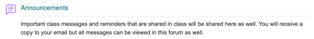 A screenshot of the announcements forum on a Moodle course home page