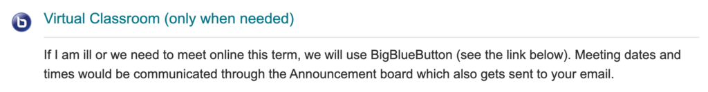 A screenshot of the virtual classroom link on a Moodle course home page