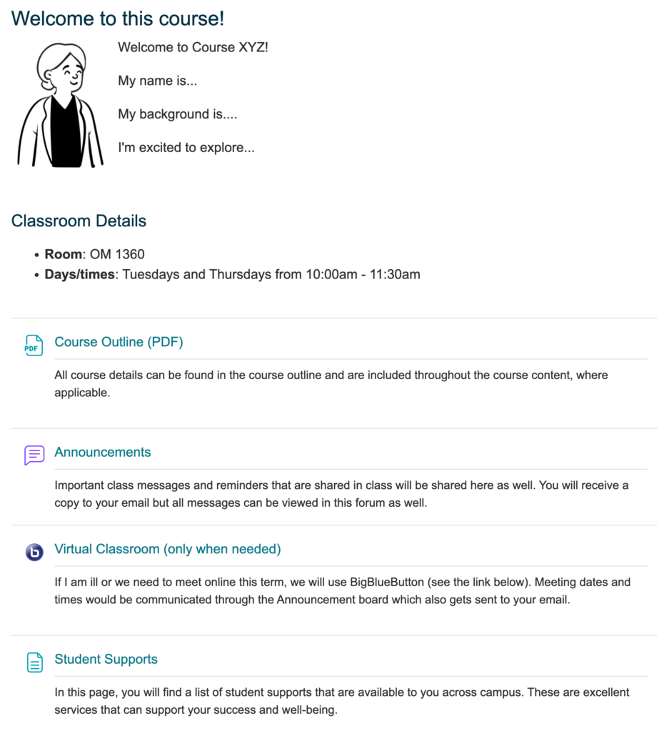 A screenshot of a Moodle course home page that contains a welcome message, classroom details, course outline, announcements, virtual classroom, student supports.